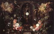 Jan Van Kessel Still life of various flowers and grapes encircling a reliqu ary containing the host,set within a stone niche oil painting artist